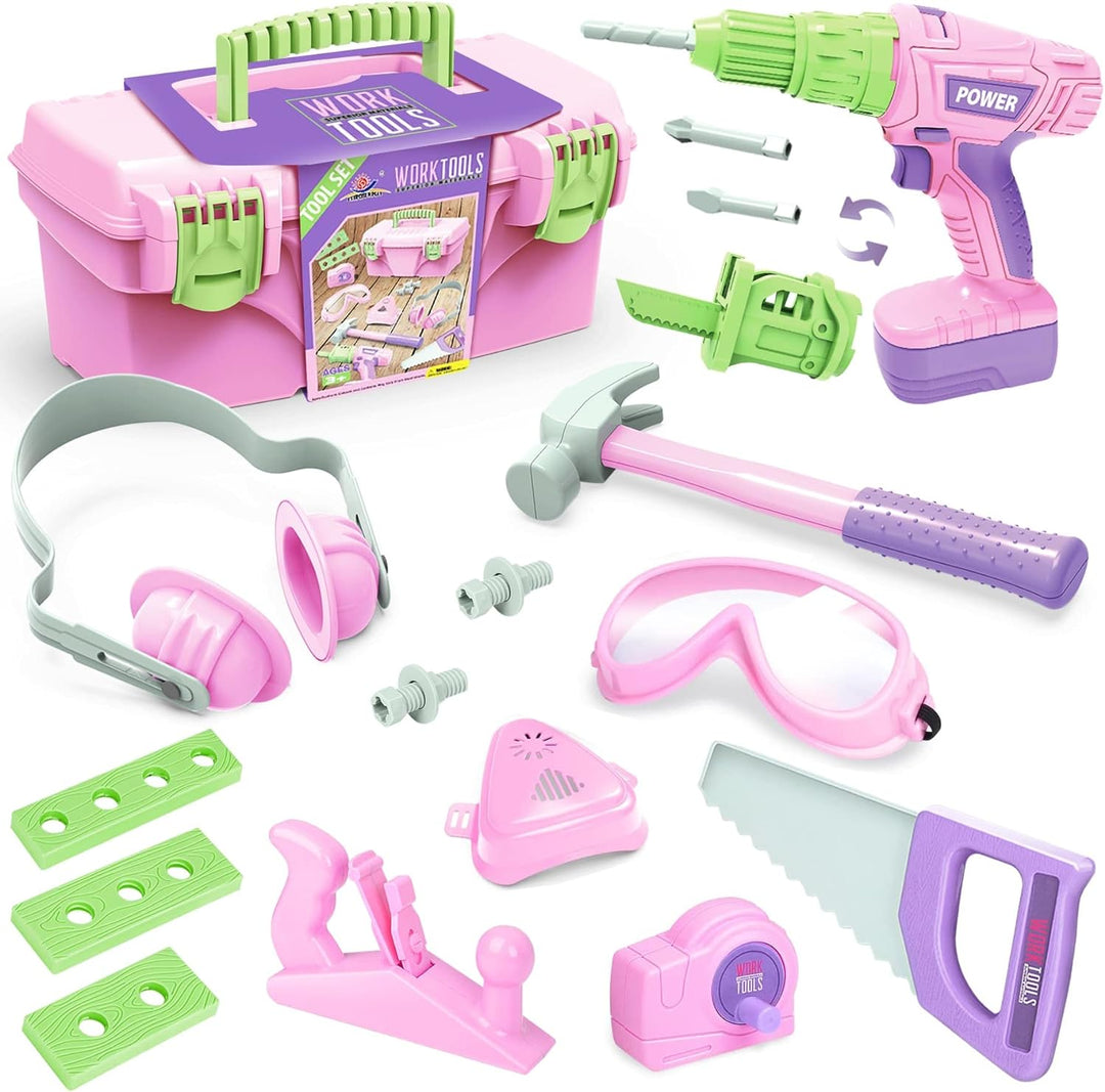 Kids Toddler Tool Set with Electric Toy Drill Tool Box Pretend Play Construction Toy Tools for Girls PInk