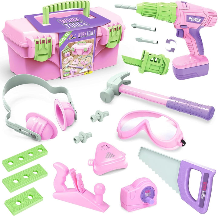 Kids Toddler Tool Set with Electric Toy Drill Tool Box Pretend Play Construction Toy Tools for Girls PInk