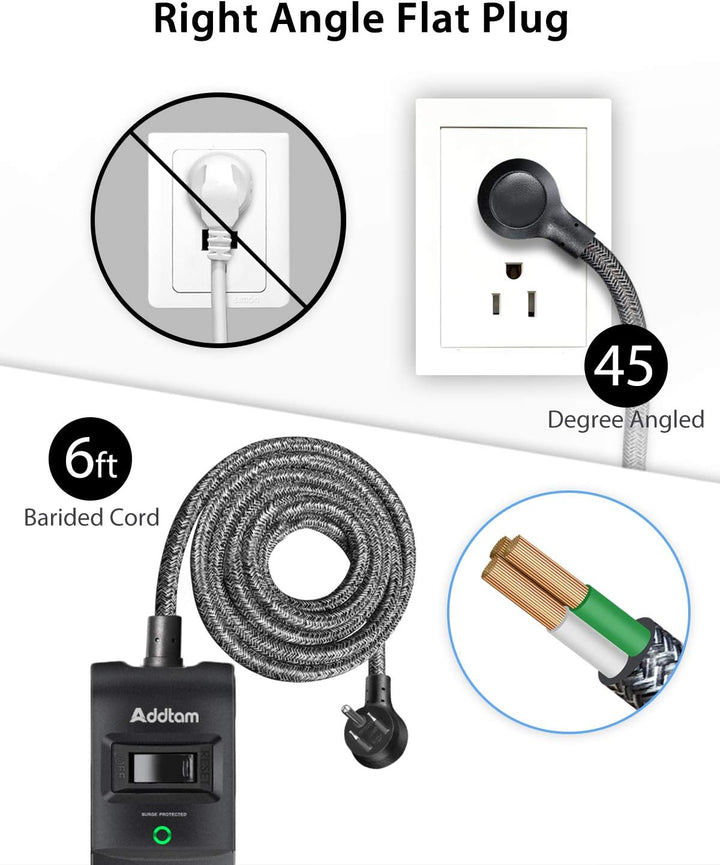 10 Ft Power Strip 5 Outlets 3 USB Ports Flat Plug Braided Extension Overload Surge Protection