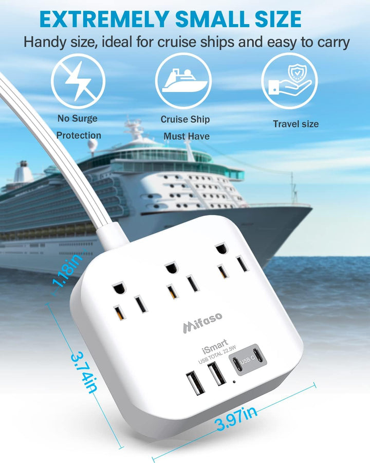 Flat Extension Cord, 5ft Ultra Flat Plug Power Strip - 3 Outlets 4 USB Ports (2 USB C