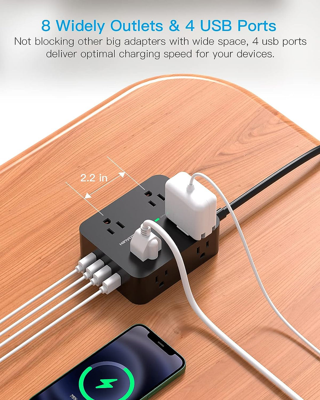 Surge Protector Power Strip - 8 Widely Outlets, 4 USB Charging Ports 5Ft Cord (BLACK)