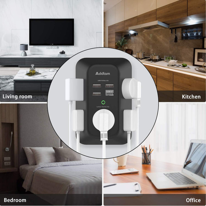 5 Multi-plug Outlet Extender with 4 USB Charging Ports (1 USB C), 3-Sided Power Strip 2pc