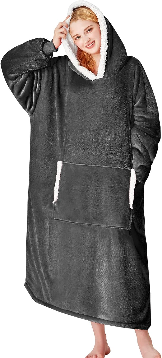 Oversized Blanket Hoodie - Long Length Wearable Sherpa Fleece Blanket Sweatshirt Hooded Blanket Sweatshirt