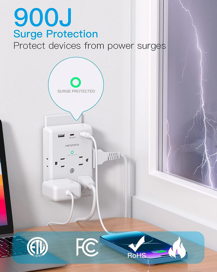 Multi Plug 8 Outlets 3 Sided 1-USB 2 USB-C Ports Extender Power Strip Surge