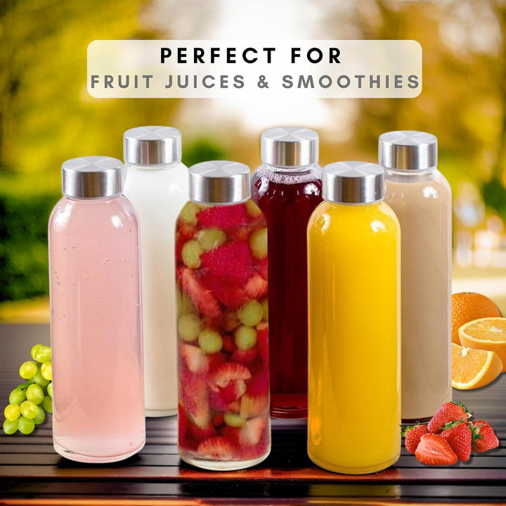 Glass Water Bottles With Caps Clear 6 Pack, 18 Oz, Leakproof Lids