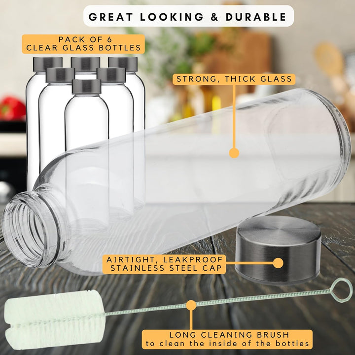Glass Water Bottles With Caps Clear 6 Pack, 18 Oz, Leakproof Lids