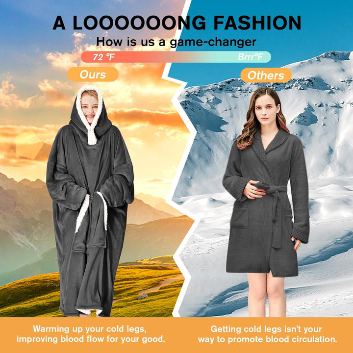 Oversized Blanket Hoodie - Long Length Wearable Sherpa Fleece Blanket Sweatshirt Hooded Blanket Sweatshirt