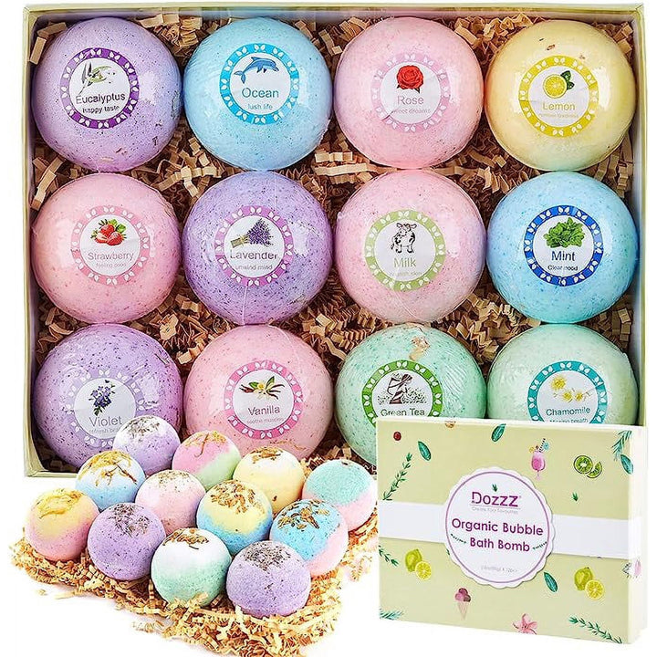 DOZZZ Bath Bombs Gift Set with Organic Essential Oils & Natural Dry Flowers Inside Fizzies Spa Bubble for Girlfriend Women Birthday Mothers Day Luxurious SPA 2.8oz x 12