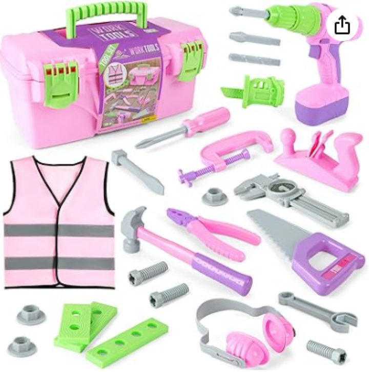 Kids Toddler Tool Set with Electric Toy Drill Tool Box Pretend Play Construction Toy Tools for Girls PInk