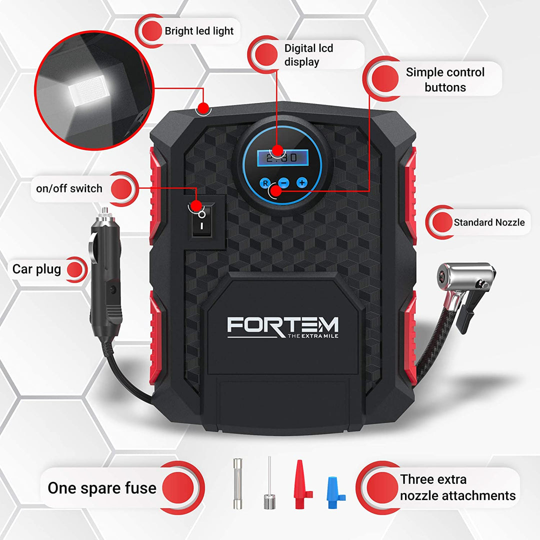 FORTEM Tire Inflator Portable Air Compressor 150 PSI 12V Electric Bike Pump for Car Tires and Bicycles w/LED Light
