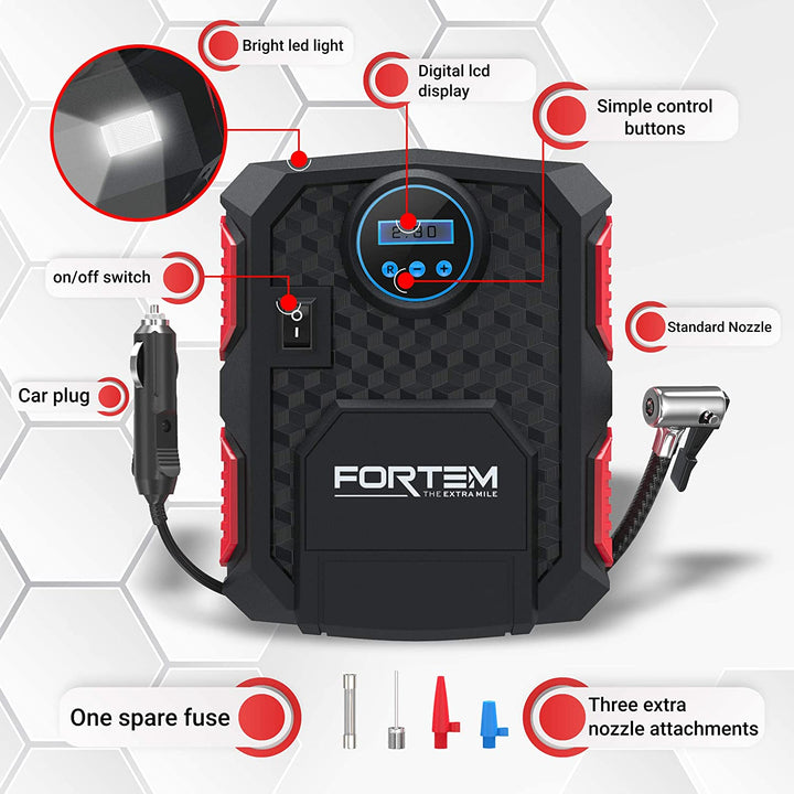 FORTEM Tire Inflator Portable Air Compressor 150 PSI 12V Electric Bike Pump for Car Tires and Bicycles w/LED Light